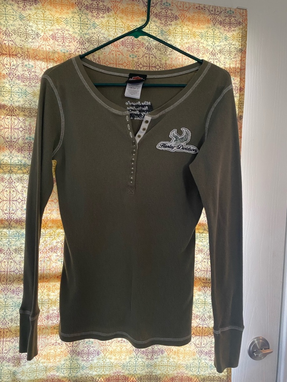 SOLD-Harley-Davidson Olive Green Long-Sleeve Henley Top